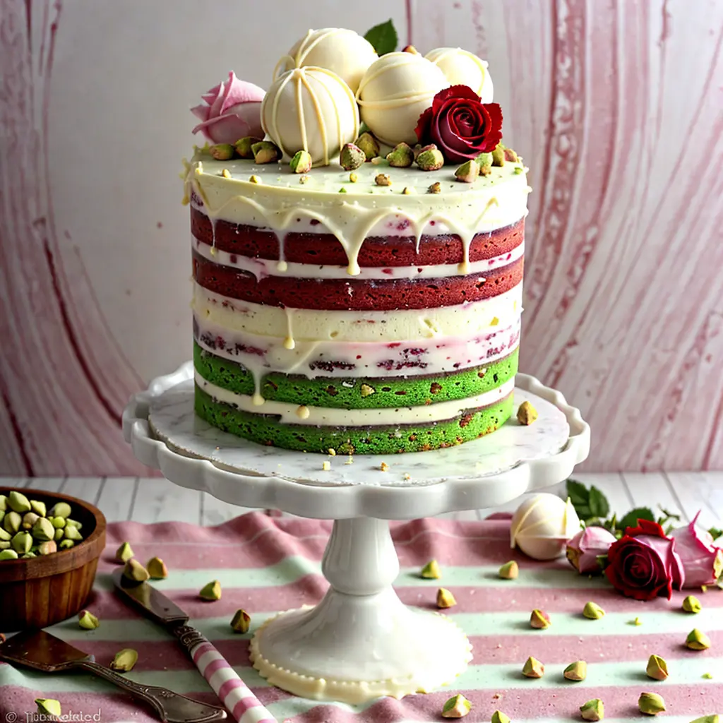 pisztacia rozsa torta fehercsokolade diszitessel